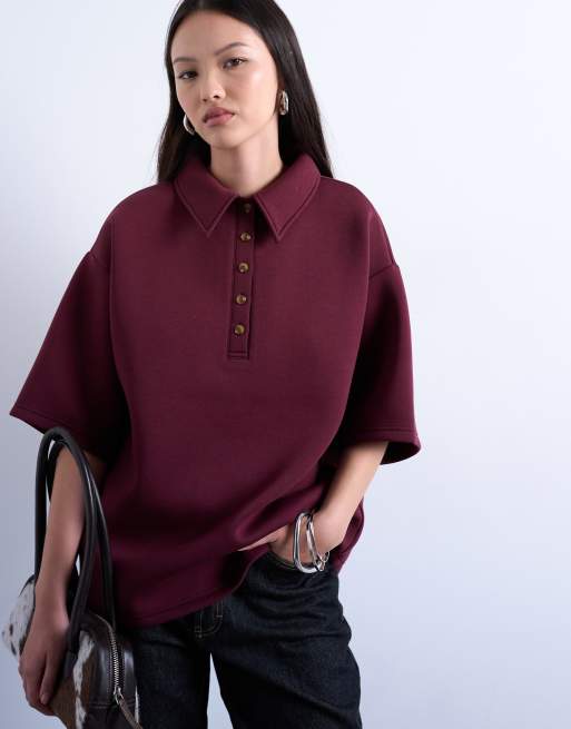 Topshop scuba-style fabric short sleeve polo sweat in burgundy