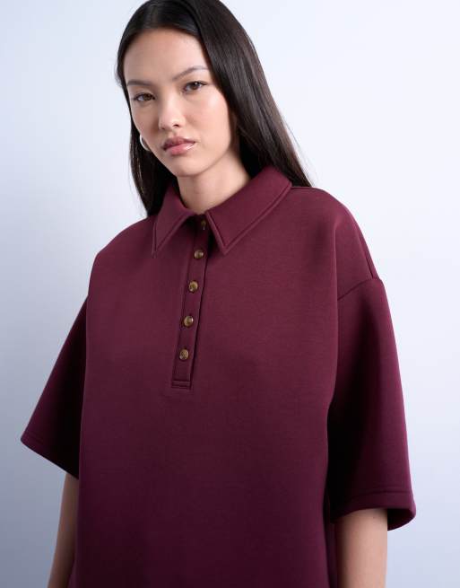 Topshop scuba-style fabric short sleeve polo top in burgundy, 3 of 4