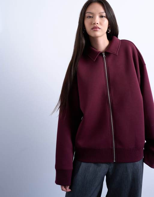 Topshop scuba-style fabric zip up jacket in burgundy