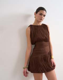Model wearing Sculptural drape mini dress in chocolate