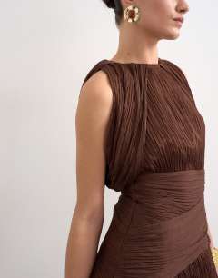 Model wearing Sculptural drape mini dress in chocolate