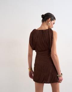 Model wearing Sculptural drape mini dress in chocolate