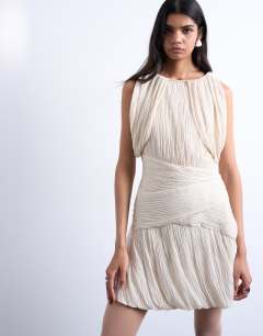 Model wearing Sculptural drape mini dress in white