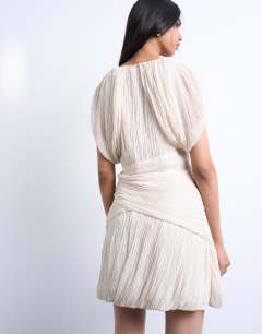 Model wearing Sculptural drape mini dress in white