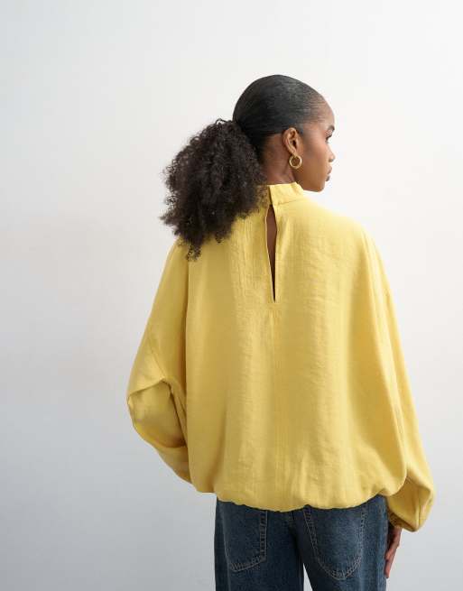 Topshop seam detail cuffed long sleeve top in yellow, 3 of 4