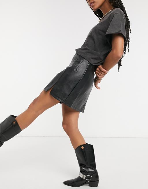 Topshop black on sale leather mini skirt