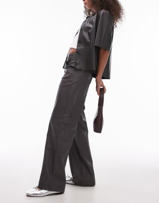 seam detail straight leg faux leather pants in gray