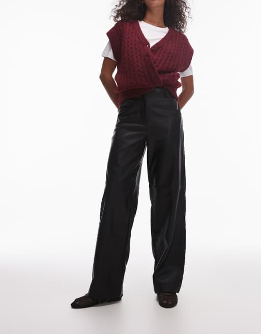 Topshop seam detail straight leg faux leather pants in black