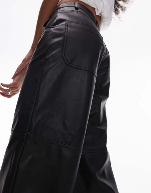 Topshop seam detail straight leg faux leather pants in black