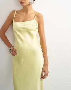 Model wearing Seam detail strappy satin maxi dress in yellow