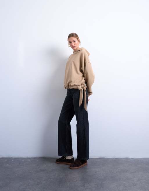 Topshop seam detail tie hem hoodie in tan, 2 of 4
