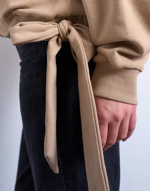 Topshop seam detail tie hem hoodie in tan, 3 of 4