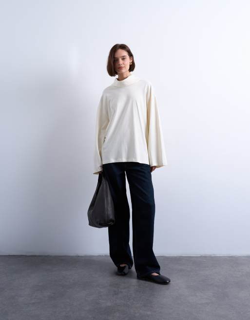 Topshop seam detailing funnel neck skater tee in ecru, 2 of 4