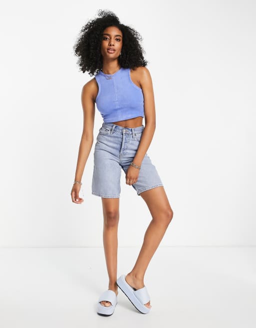 Topshop seam front towelling racer tank top in blue, 4 of 4