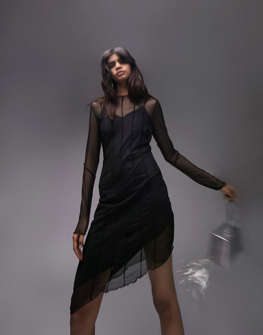 Topshop seamed asymmetric hem mesh mini dress in black