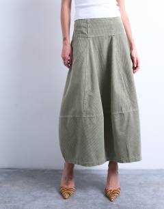Model wearing Seamed barrel maxi skirt in sage cord