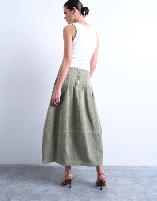 Topshop seamed barrel maxi skirt in sage cord, 5 of 5