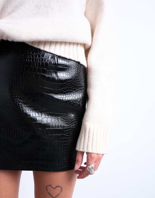 Topshop seamed detail faux leather mini skirt in black