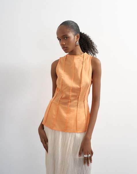 Topshop seamed detail high neck top in orange - view 1