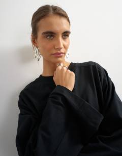 Model wearing Seamed detail long sleeve skater top in black