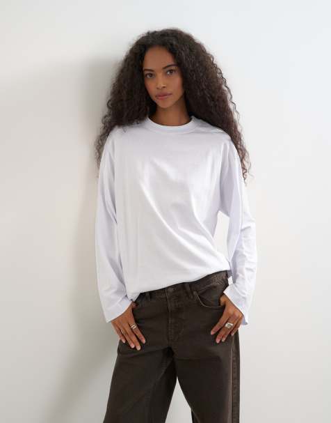 Topshop seamed detail long sleeve skater top in white - view 1