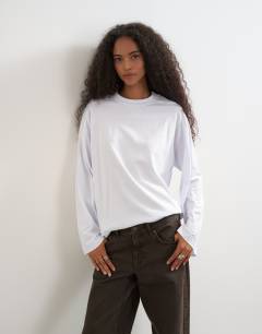 Seamed detail long sleeve skater top in white