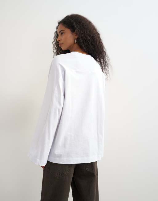 Topshop seamed detail long sleeve skater top in white, 3 of 4
