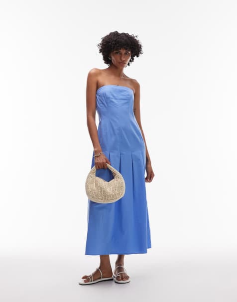 Topshop seamed detail midi bandeau dress in dusty blue - view 1