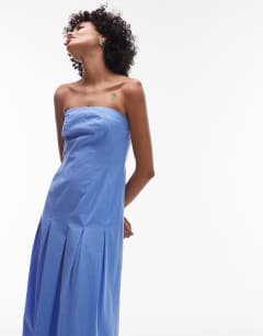 Model wearing Seamed detail midi bandeau dress in dusty blue
