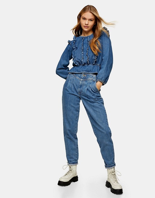 Topshop mom jeans with seam detail in mid blue