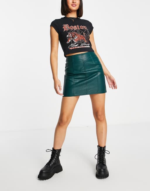 Topshop seamed faux leather mini skirt in forest green