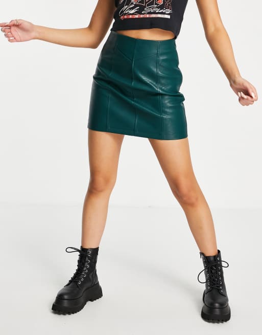 Topshop seamed faux leather mini skirt in forest green