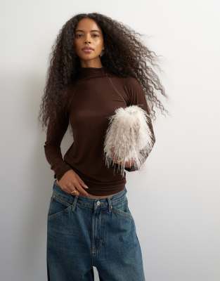 Topshop seamed funnel neck long sleeve top in chocolate