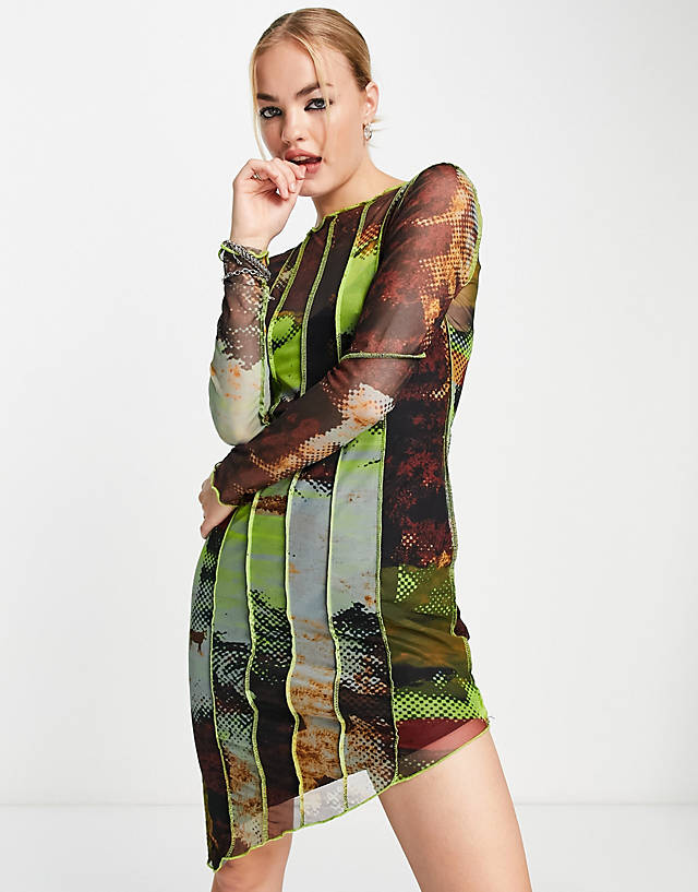 Topshop - seamed graphic print asymmetric hem mesh mini dress in multi