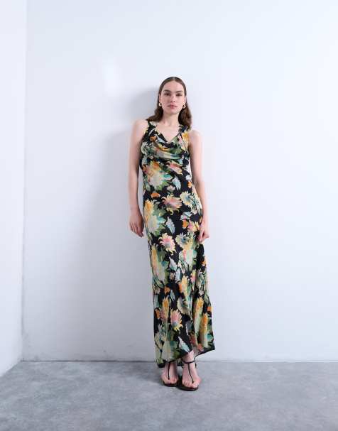 Topshop seamed high cowl neck maxi dress in vibrant vintage floral - view 1