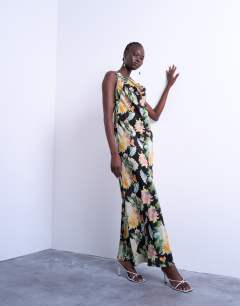 Seamed high cowl neck maxi dress in vibrant vintage floral