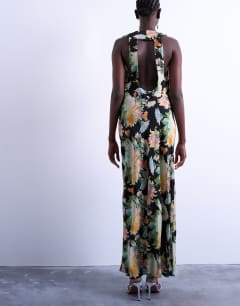 Model wearing Seamed high cowl neck maxi dress in vibrant vintage floral