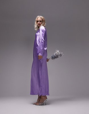 Topshop Seamed Long Sleeve Midi Dress In Lilac-purple