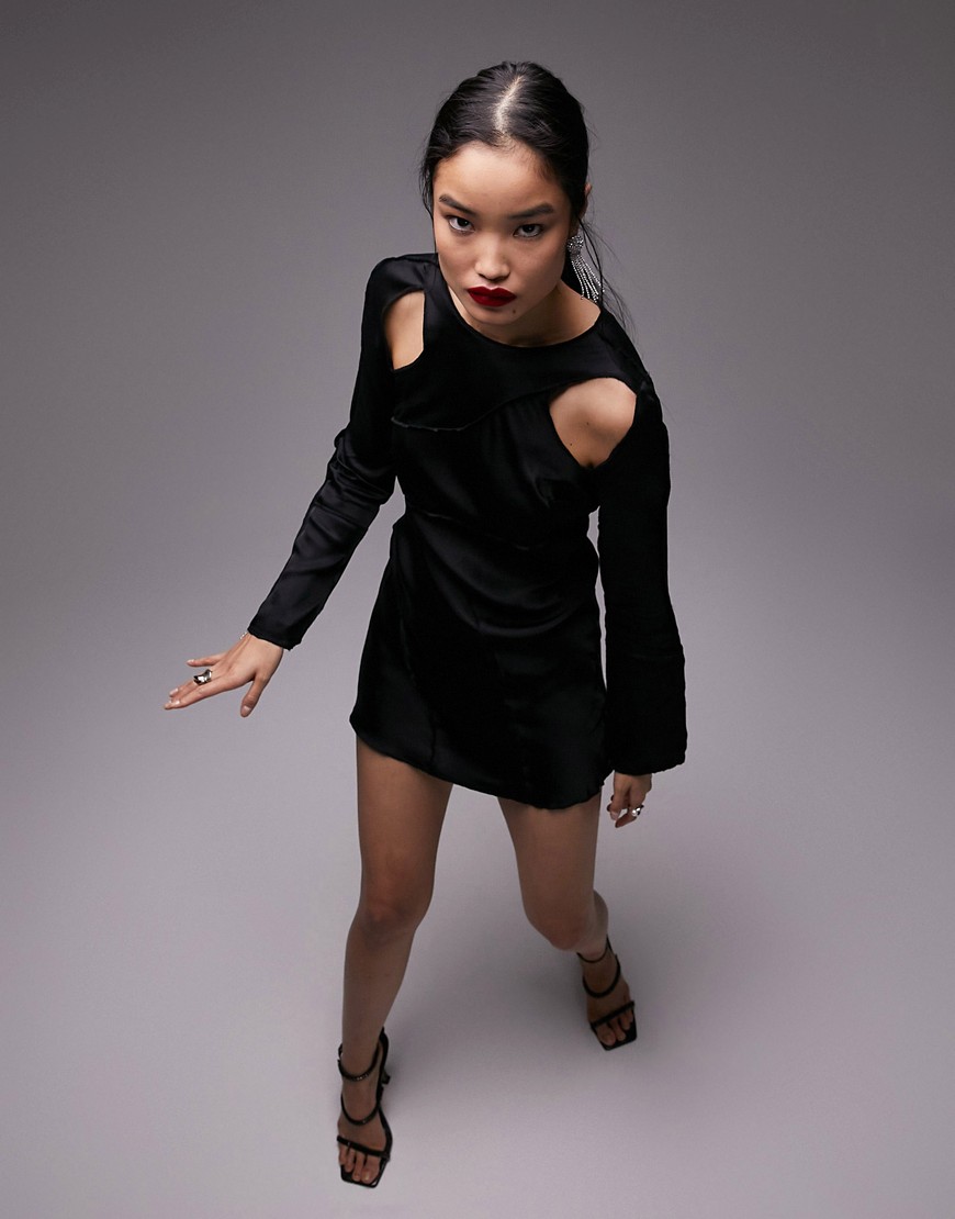 Topshop seamed long sleeve mini dress in black