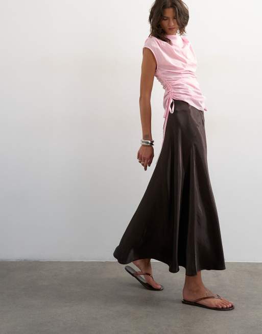Topshop seamed satin midi skirt in brown, 2 of 5