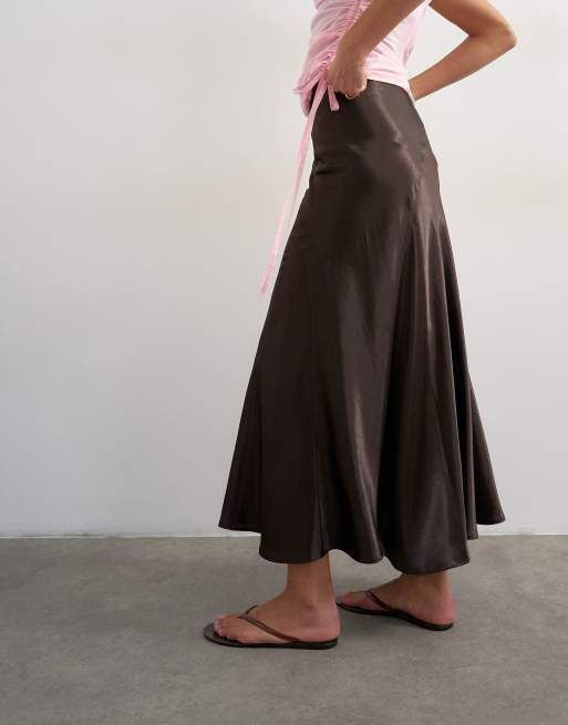 Topshop seamed satin midi skirt in brown, 5 of 5