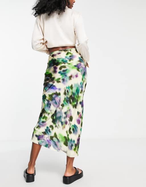 Topshop seamed spray tie dye printed bias midi skirt in multi, 4 of 4