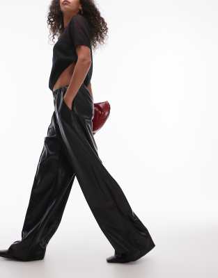 seamed wide leg faux leather sweatpants in black