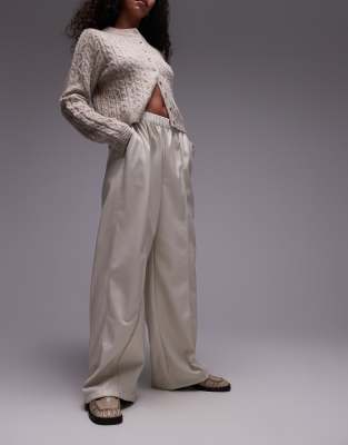 seamed wide leg faux leather sweatpants in ecru-Neutral