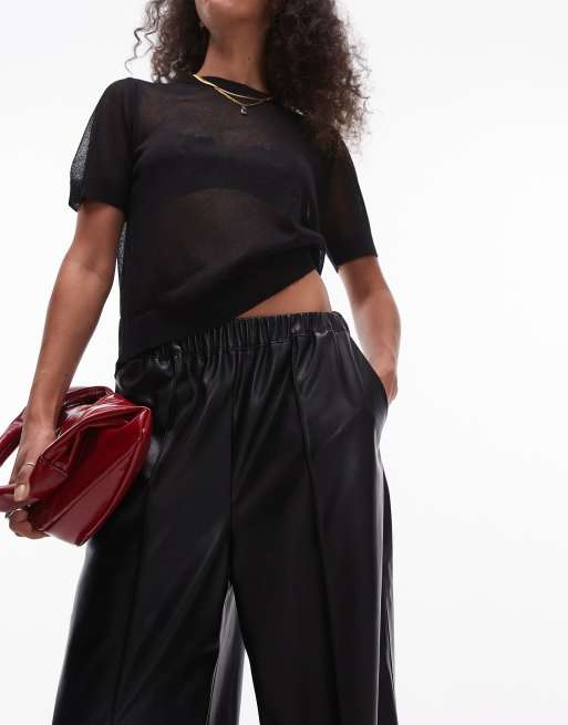 Topshop seamed wide leg faux leather sweatpants in black