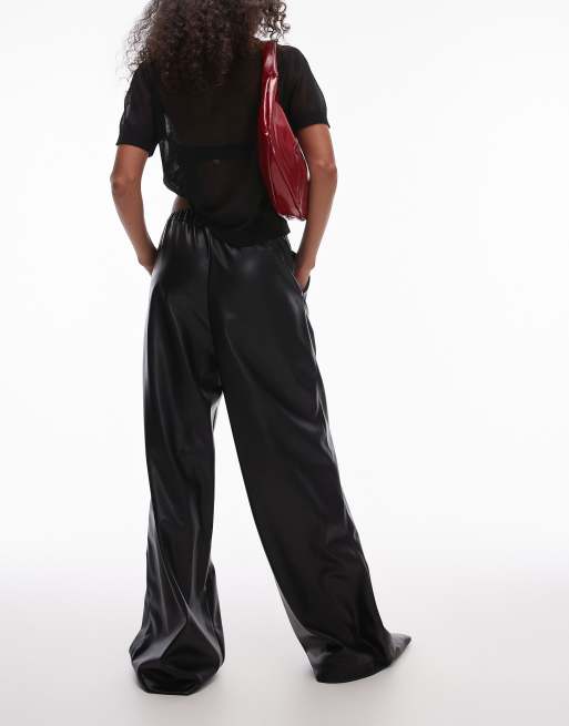 Topshop seamed wide leg faux leather sweatpants in black