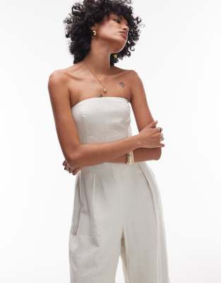 Topshop Seamed Wide Leg Linen Blend Jumpsuit In White