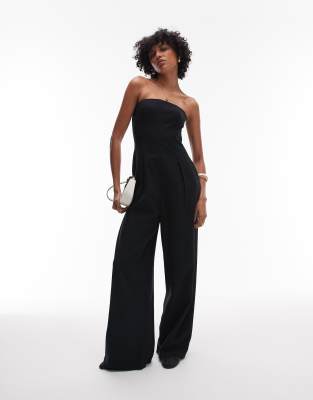 Topshop seamed wide leg linen jumpsuit in black - view 1