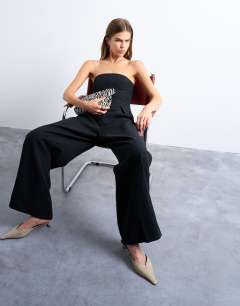 Seamed wide leg linen jumpsuit in black