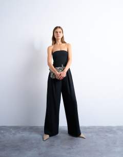 Model wearing Seamed wide leg linen jumpsuit in black